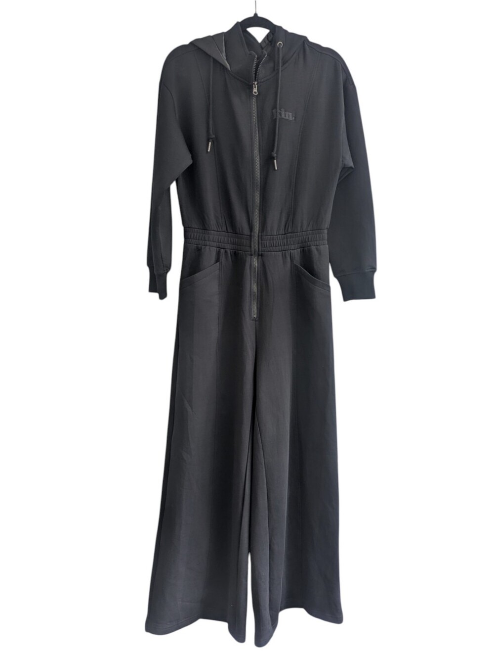 Kin. Black Satin Lined Hood Zip Wide Leg Jumpsuit